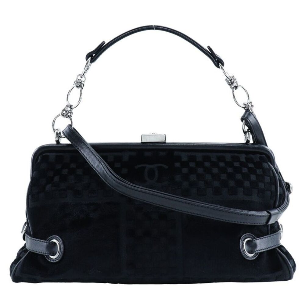 Chanel Vintage Cc Side Belted Bowler Check Embossed Velvet Black Velvet Shoulder